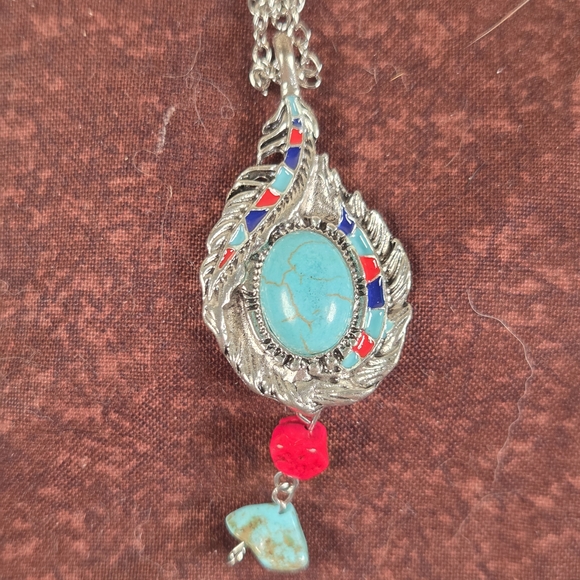 Jewelry - Silver Pendant Necklace with Turquoise and Red Accents